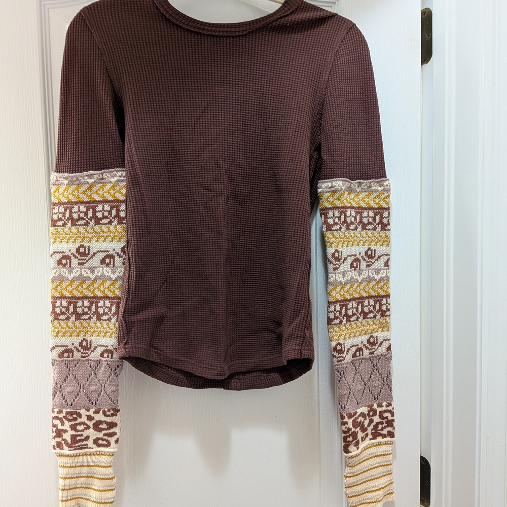 Free People Chocolate Waffle Knit Top with Patterned Long Sleeves